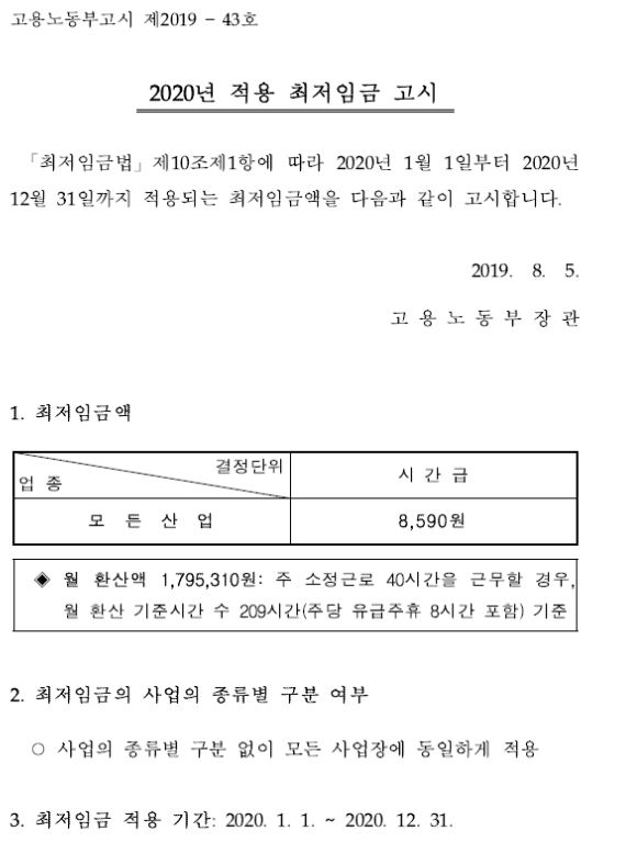 2020년 최저임금 고시에 대한 이미지 입니다. 자세한 내용은 하단에 있습니다.